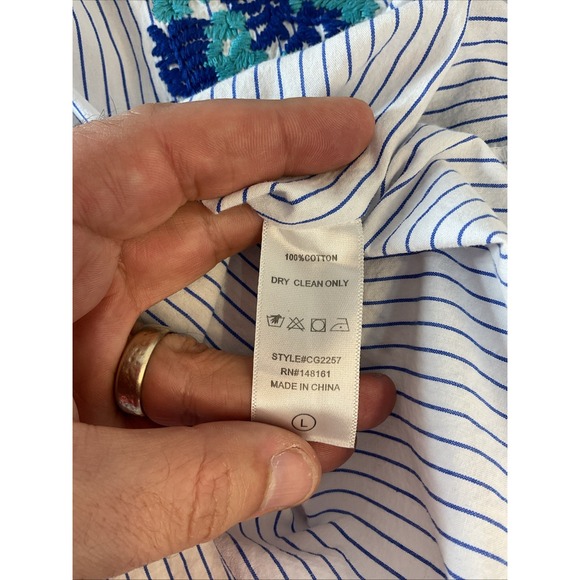 J Marie Blue Striped Embroidered Floral Top Sleeveless Size L Cotton Boho - Picture 5 of 9